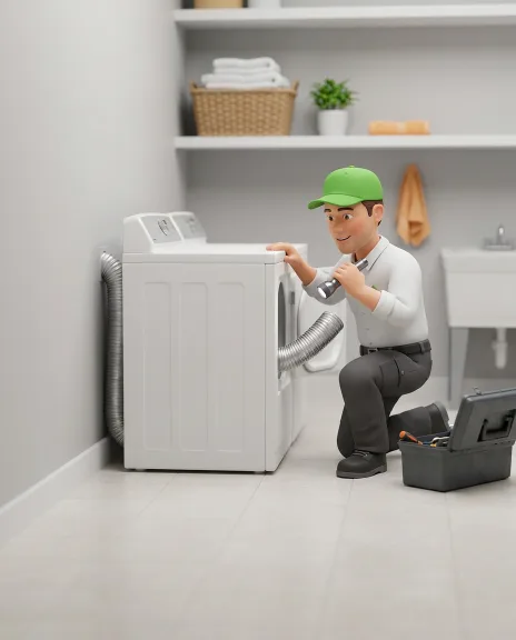 Technician repairing a dryer in a Kirkland laundry room
