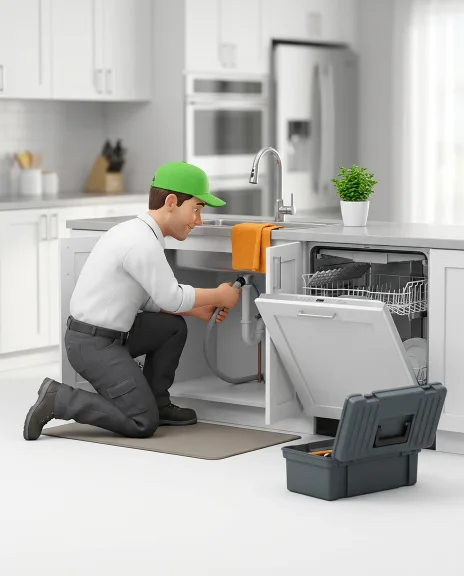 Technician repairing a dishwasher in a Kirkland kitchen