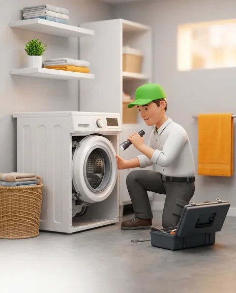 Technician repairing a washer in a Kirkland laundry room