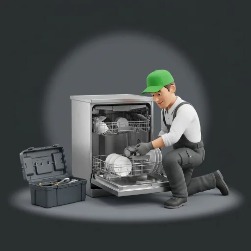 Technician repairing a dishwasher in a Kirkland kitchen